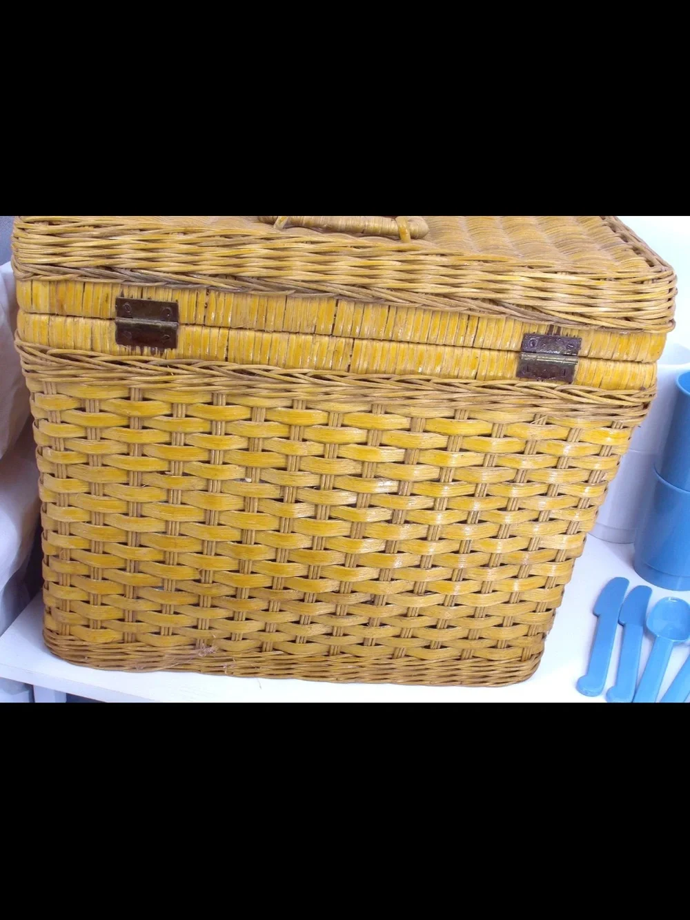 Vintage Wicker Picnic Basket Set with Dish Set - RARE Antique 18 PIECES
